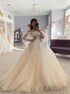 Ball Gown Champagne Off the Shoulder Half Sleeves Tulle Prom Dress LBQ3468